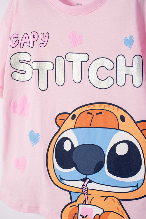 CAMISETA DE STITCH Y CAPYBARA MANGA CORTA ROSADA PARA NIÑA