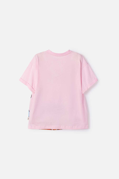 CAMISETA DE STITCH Y CAPYBARA MANGA CORTA ROSADA PARA NIÑA