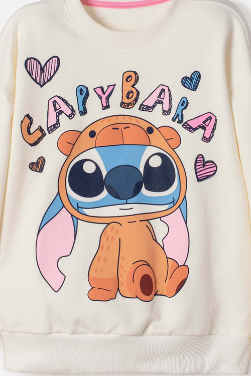 BUZO DE STITCH Y CAPYBARA CERRADO MARFIL PARA NIÑA