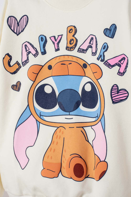 BUZO DE STITCH Y CAPYBARA CERRADO MARFIL PARA NIÑA