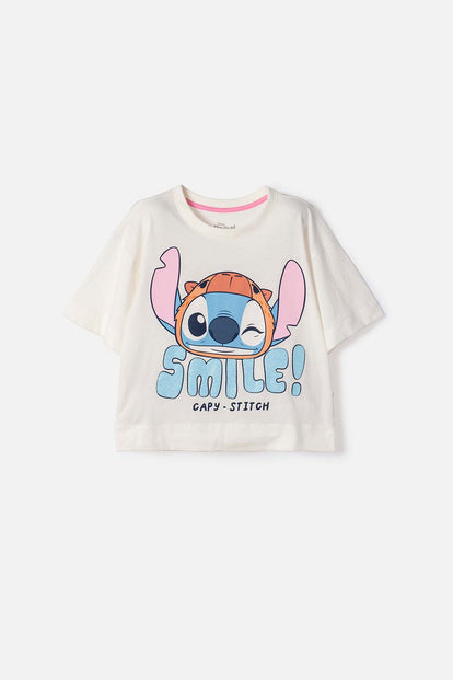 CAMISETA DE STITCH Y CAPYBARA MANGA CORTA MARFIL PARA NIÑA