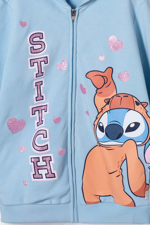 BUZO DE STITCH Y CAPYBARA CON CAPUCHA AZUL PARA NIÑA