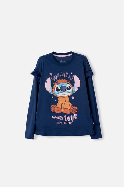 CAMISETA DE STITCH Y CAPYBARA MANGA LARGA AZUL PARA NIÑA