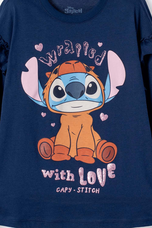CAMISETA DE STITCH Y CAPYBARA MANGA LARGA AZUL PARA NIÑA