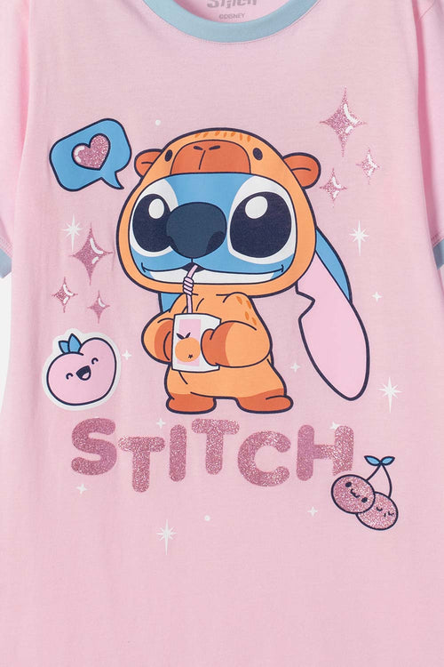 PIJAMA DE STITCH Y CAPYBARA ROSADA PARA NIÑA