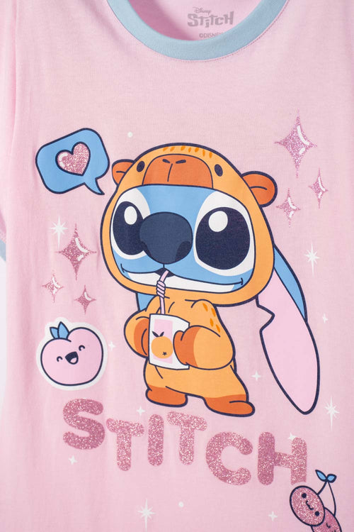 PIJAMA DE STITCH Y CAPYBARA ROSADA PARA NIÑA