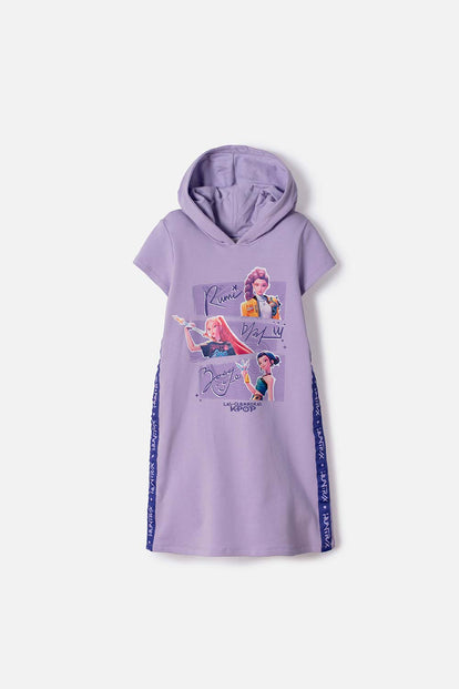 VESTIDO DE K-POP DEMON HUNTER CON CAPUCHA VIOLETA PARA NIÑA