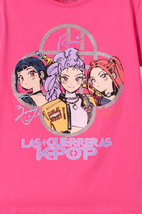 CAMISETA DE K-POP DEMON HUNTERS MANGA CORTA ROSADA PARA NIÑA