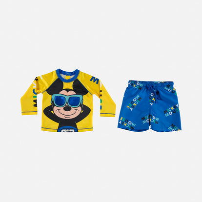  CONJUNTO BAÑO DE MICKEY MOUSE CON PANTALÓN CORTO AMARILLO Y AZUL PARA BEBÉ NIÑO