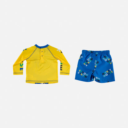  CONJUNTO BAÑO DE MICKEY MOUSE CON PANTALÓN CORTO AMARILLO Y AZUL PARA BEBÉ NIÑO