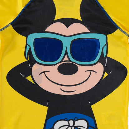  CONJUNTO BAÑO DE MICKEY MOUSE CON PANTALÓN CORTO AMARILLO Y AZUL PARA BEBÉ NIÑO