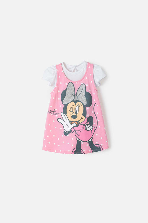 Card slide image -  VESTIDO MINNIE MANGA CORTA BLANCO Y ROSADO PARA BEBÉ NIÑA