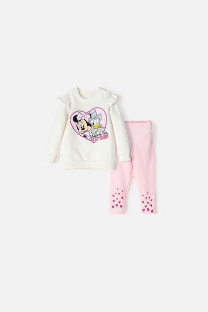 CONJUNTO DE MINNIE MOUSE MANGA LARGA MARFIL Y ROSADO PARA BEBÉ NIÑA
