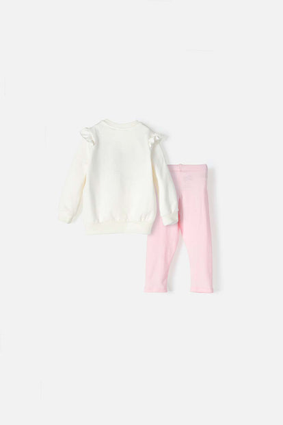 CONJUNTO DE MINNIE MOUSE MANGA LARGA MARFIL Y ROSADO PARA BEBÉ NIÑA