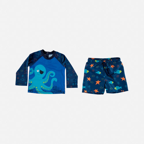 CONJUNTO VESTIDO DE BAÑO DE BEBÉ NIÑO, MANGA LARGA/PANTALÓN CORTO, AZUL DE LITTLEMIC.