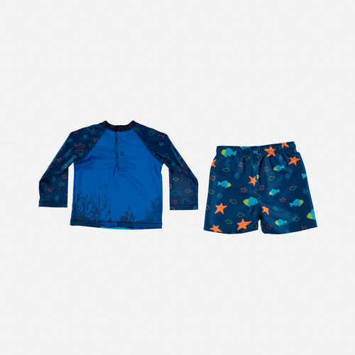 CONJUNTO VESTIDO DE BAÑO DE BEBÉ NIÑO, MANGA LARGA/PANTALÓN CORTO, AZUL DE LITTLEMIC.