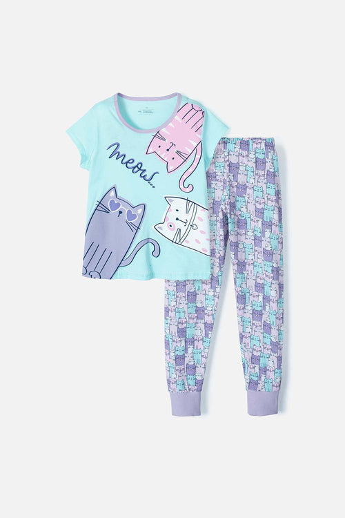 PIJAMA DE MIC CON PANTALÓN LARGO AZUL Y MORADA PARA NIÑA