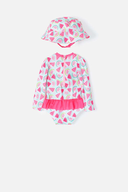 VESTIDO DE BAÑO LITTLEMIC CON GORRO AZUL Y FUCSIA PARA BEBÉ NIÑA