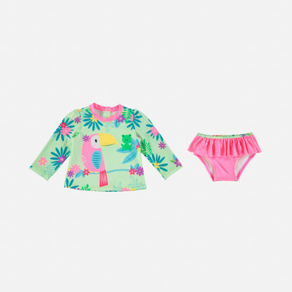  VESTIDO DE BAÑO DE LITTLEMIC MANGA LARGA VERDE Y ROSADO PARA BEBÉ NIÑA