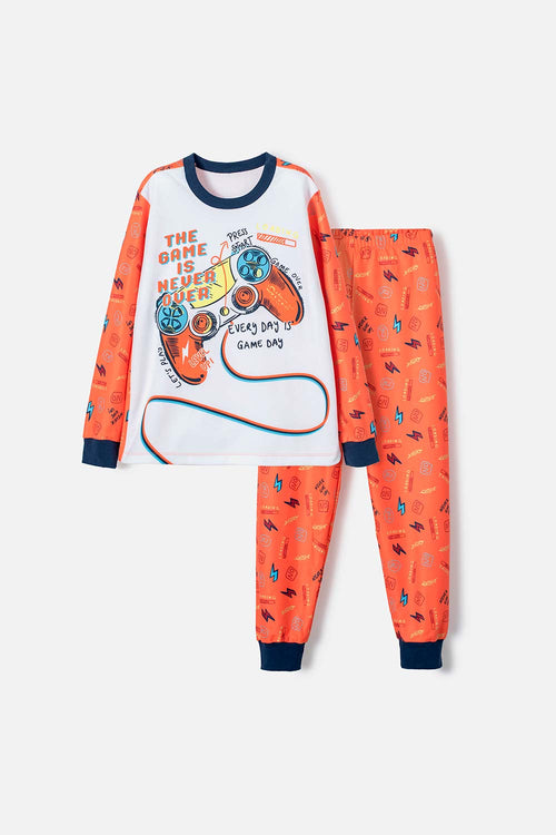 PIJAMA DE MIC MANGA LARGA BLANCO Y NARANJA PARA NIÑO