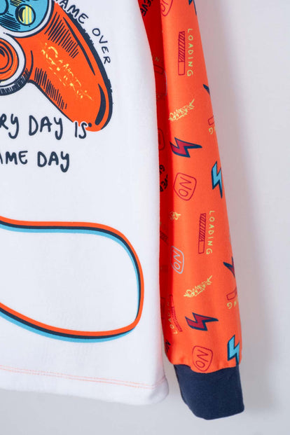 PIJAMA DE MIC MANGA LARGA BLANCO Y NARANJA PARA NIÑO