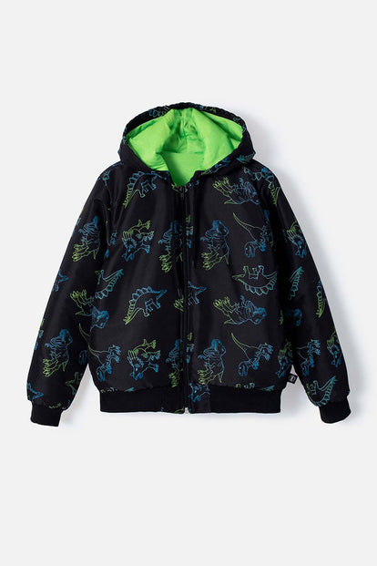 CHAQUETA MIC CON ESTAMPADO DE DINOSAURIOS NEGRO Y VERDE PARA NIÑO