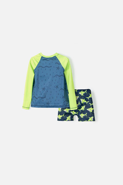 CONJUNTO DE BAÑO LITTLEMIC MANGA LARGA AZUL Y VERDE PARA NIÑO