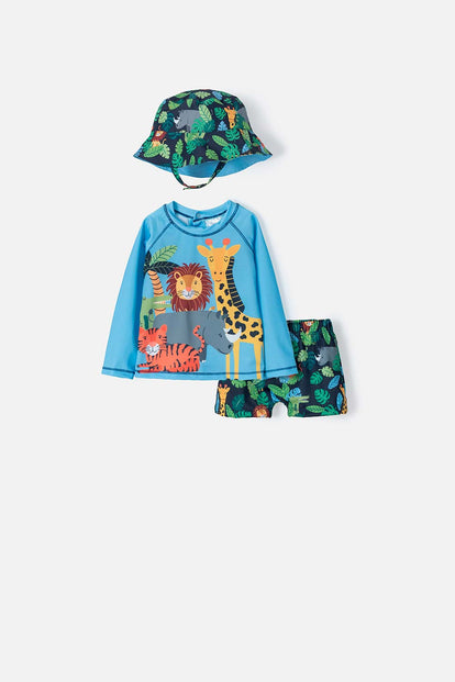 CONJUNTO DE BAÑO LITTLEMIC ESTAMPADO  AZUL CLARO Y OSCURO PARA BEBÉ NIÑO