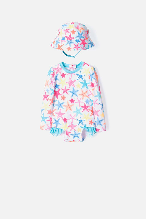 Card slide image -  VESTIDO DE BAÑO LITTLEMIC MULTICOLOR INCLUYE BUCKET HAT PARA BEBÉ NIÑA