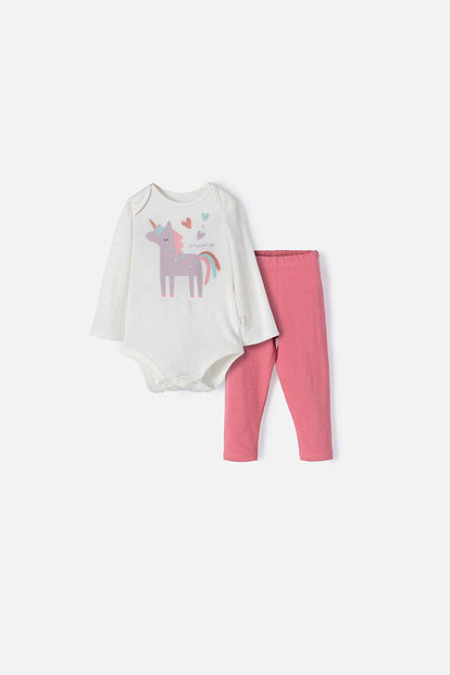 CONJUNTO DE UNICORNIO MARFIL Y ROSADO MANGA LARGA PARA BEBÉ NIÑA