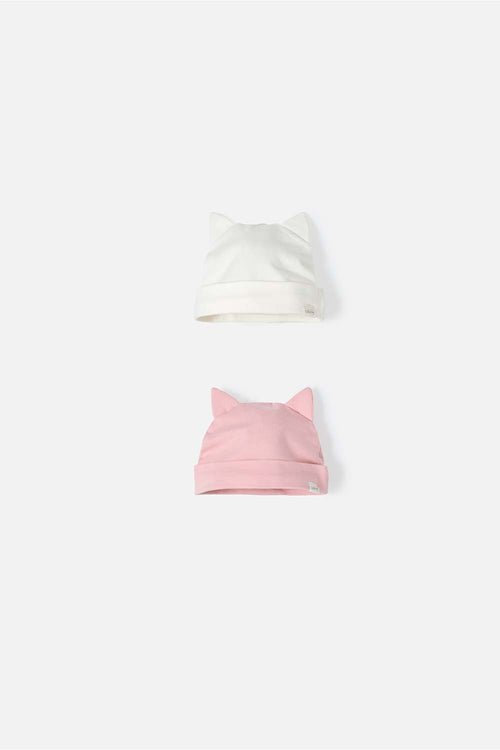 Card slide image -  DÚO DE GORROS MARFIL Y ROSA CON OREJITAS PARA BEBÉ NIÑA