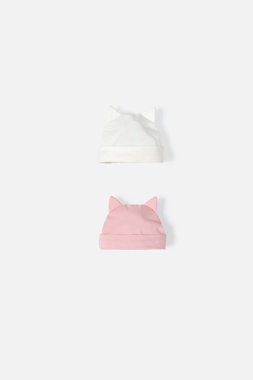 Card slide image -  DÚO DE GORROS MARFIL Y ROSA CON OREJITAS PARA BEBÉ NIÑA