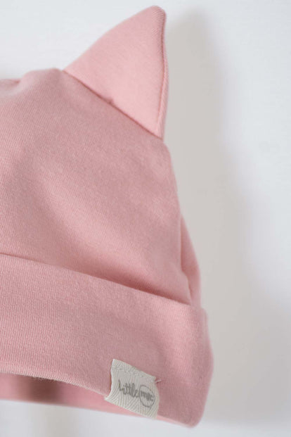 DÚO DE GORROS MARFIL Y ROSA CON OREJITAS PARA BEBÉ NIÑA