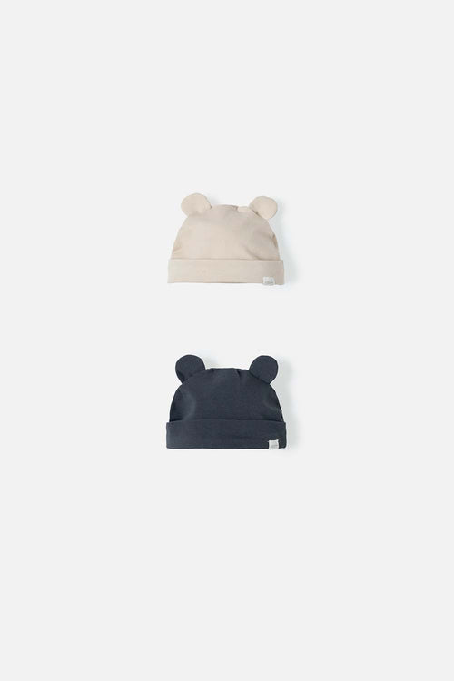 DÚO DE GORROS CAQUI Y GRIS CON OREJITAS PARA BEBÉ NIÑO