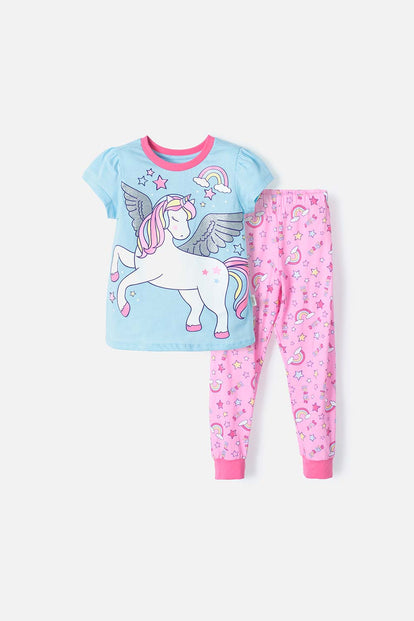 PIJAMA LITTLEMIC  DE MANGA CORTA AZUL Y ROSADA PARA NIÑA 2T A 5T