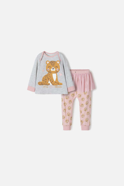  PIJAMA LITTLEMIC MANGA LARGA PALO DE ROSA Y GRIS PARA BEBÉ NIÑA