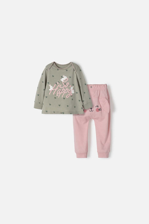 Card slide image -  PIJAMA DE LITTLEMIC CON PANTALÓN LARGO VERDE Y PALO DE ROSA PARA BEBÉ NIÑA