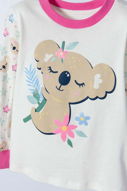 PIJAMA DE LITTLEMIC CON PANTALÓN LARGO MARFIL Y ROSADO PARA NIÑA 2T A 5T