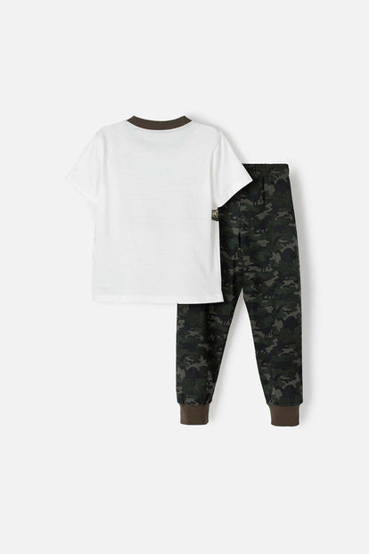 PIJAMA DE LITTLEMIC MANGA CORTA MARFIL Y VERDE PARA NIÑO 2T A 5T