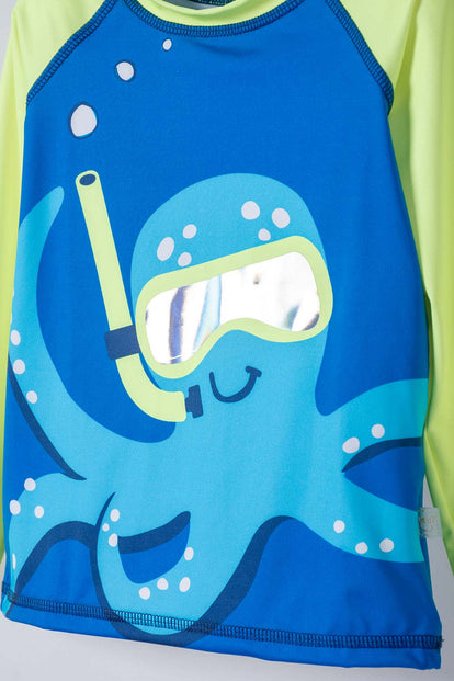 CONJUNTO DE BAÑO DE LITTLEMIC MANGA LARGA AZUL Y VERDE PARA NIÑO 2T A 6T