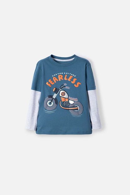  CAMISETA LITTLEMIC AZUL Y GRIS ESTAMPADA EN FRENTE PARA NIÑO 2T A 5T