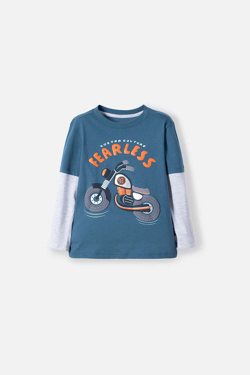 Card slide image -  CAMISETA LITTLEMIC AZUL Y GRIS ESTAMPADA EN FRENTE PARA NIÑO 2T A 5T