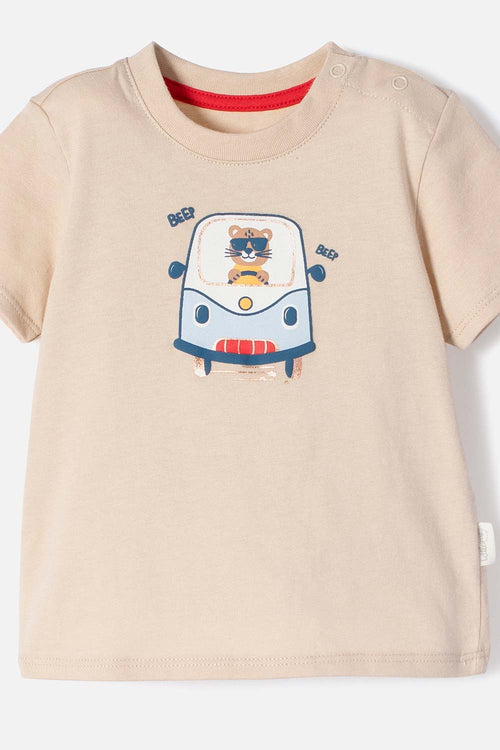 Card slide image -  CONJUNTO LITTLEMIC CAQUI Y ROJO ESTAMPADO EN FRENTE PARA BEBÉ NIÑO