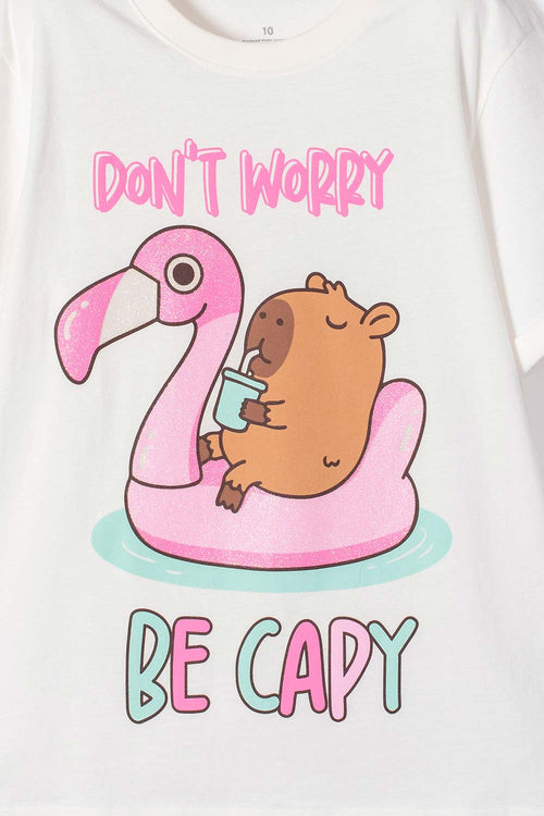Card slide image -  CAMISETA DE CAPIBARA MARFIL ESTAMPADA EN FRENTE PARA NIÑA