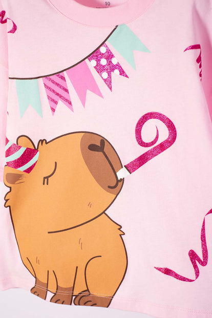 CAMISETA DE CAPYBARA ROSA PASTEL MANGA CORTA PARA NIÑA