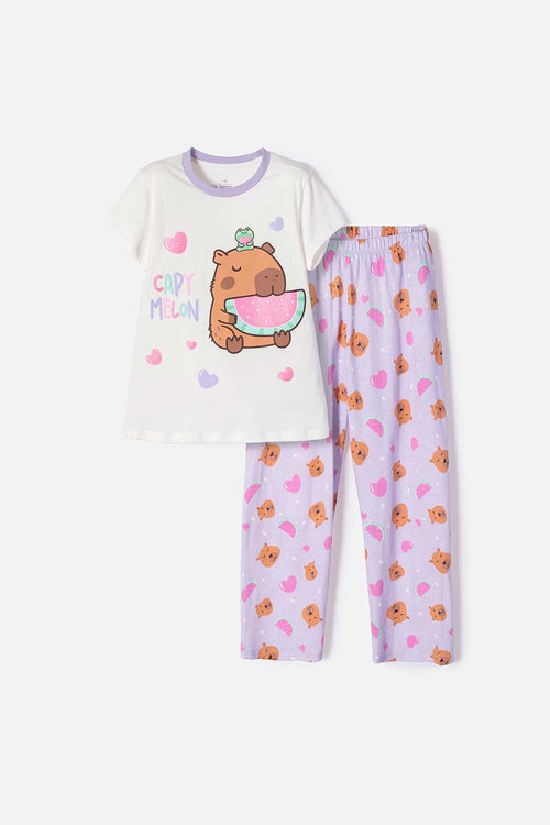 Card slide image -  PIJAMA DE CAPIBARA LILA Y BLANCA DE PANTALÓN LARGO PARA NIÑA