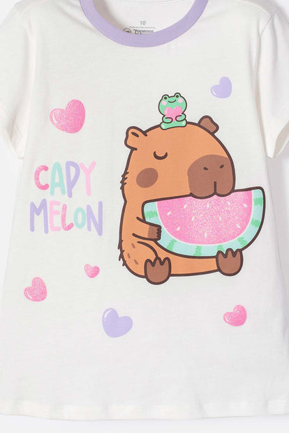 PIJAMA DE CAPYBARA LILA Y BLANCA DE PANTALÓN LARGO PARA NIÑA