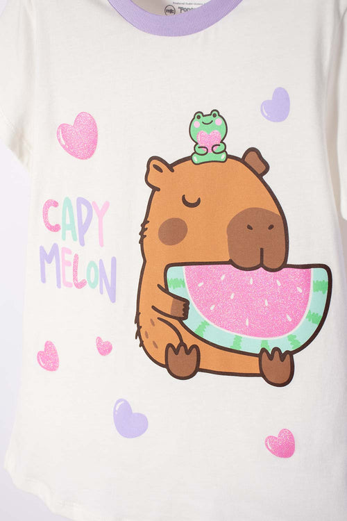Card slide image -  PIJAMA DE CAPIBARA LILA Y BLANCA DE PANTALÓN LARGO PARA NIÑA