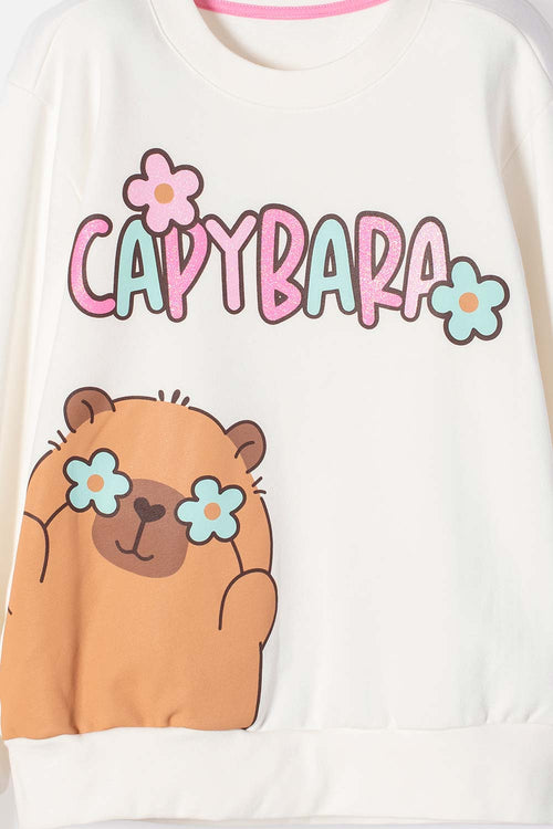 Card slide image -  BUZO DE CAPYBARA MARFIL DE DISEÑO CERRADO PARA NIÑA