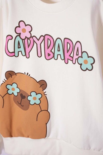 BUZO DE CAPYBARA MARFIL DE DISEÑO CERRADO PARA NIÑA